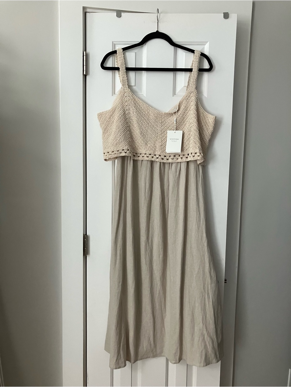 Seraphine Neutral Crochet-Trim Mudi MATERNITY Dress in Light Beige